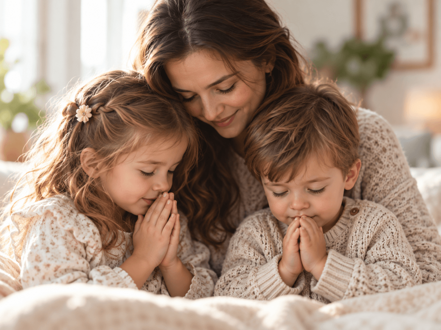 A mother and her two young children praying together, foreheads close, in warm soft light