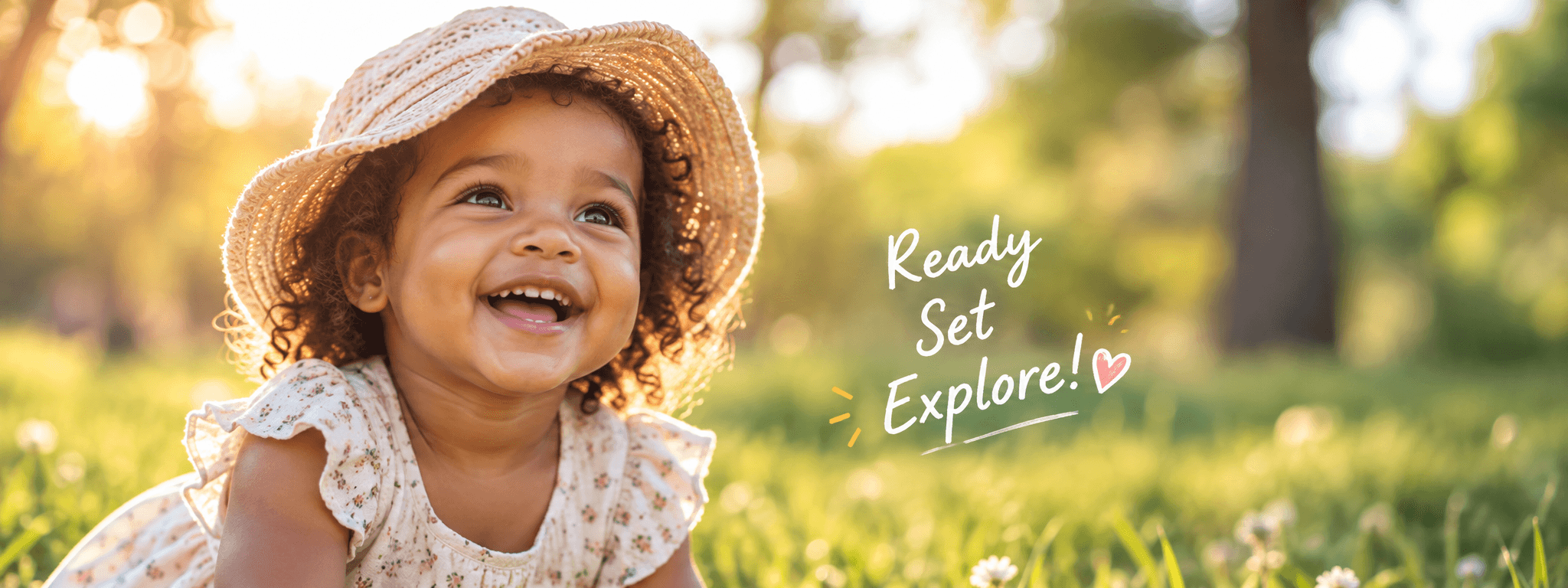 A toddler in a sunhat smiling in a sunlit meadow, with a handwritten “Ready, Set, Explore!” accent