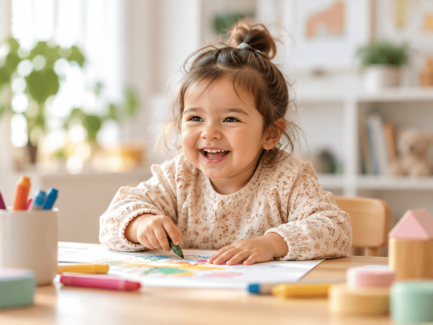 A toddler girl smiling while coloring a drawing with crayons at a table