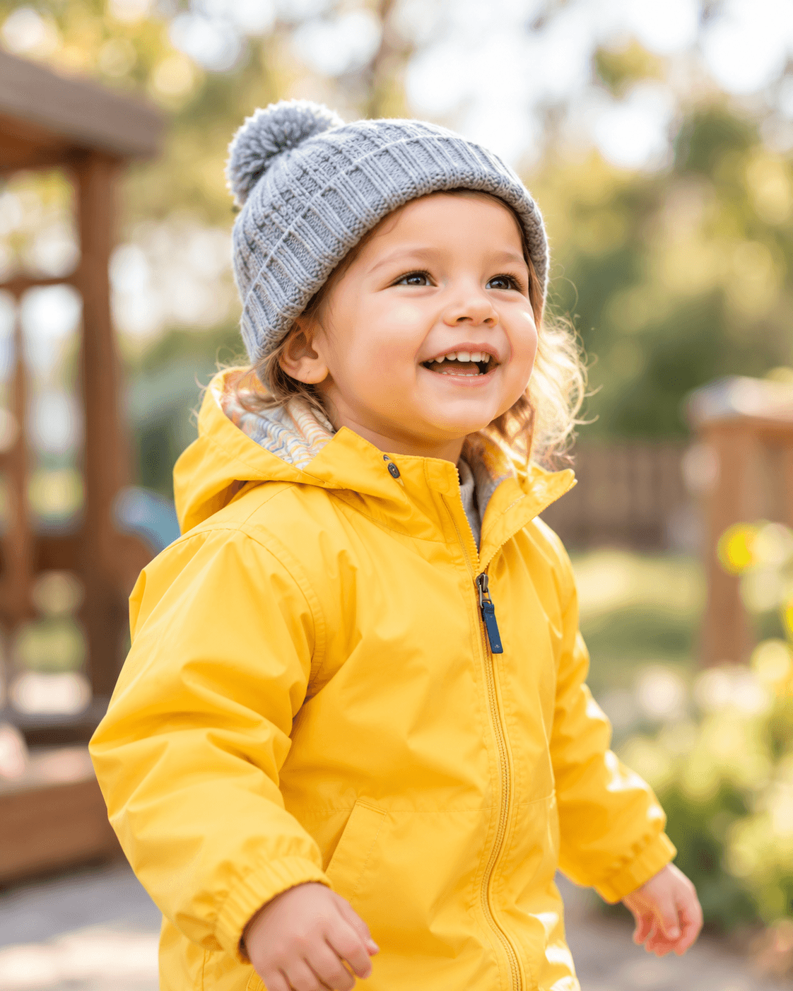 A toddler in a yellow raincoat and knit hat, smiling and looking up outdoors