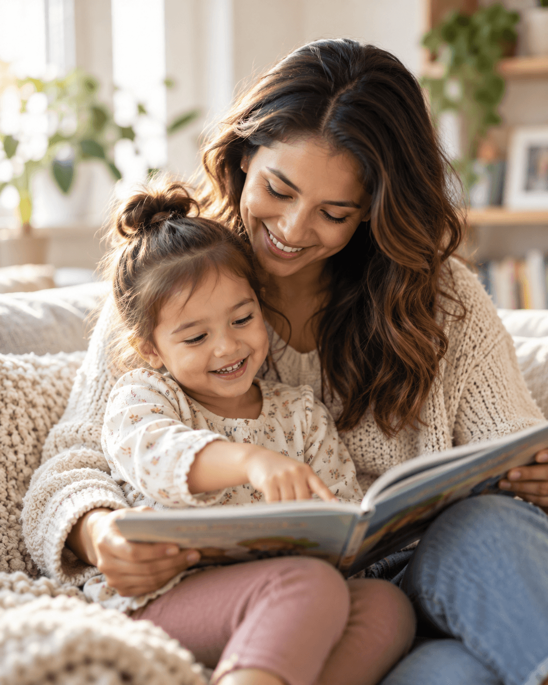 A mother and her young daughter reading a picture book together on the couch