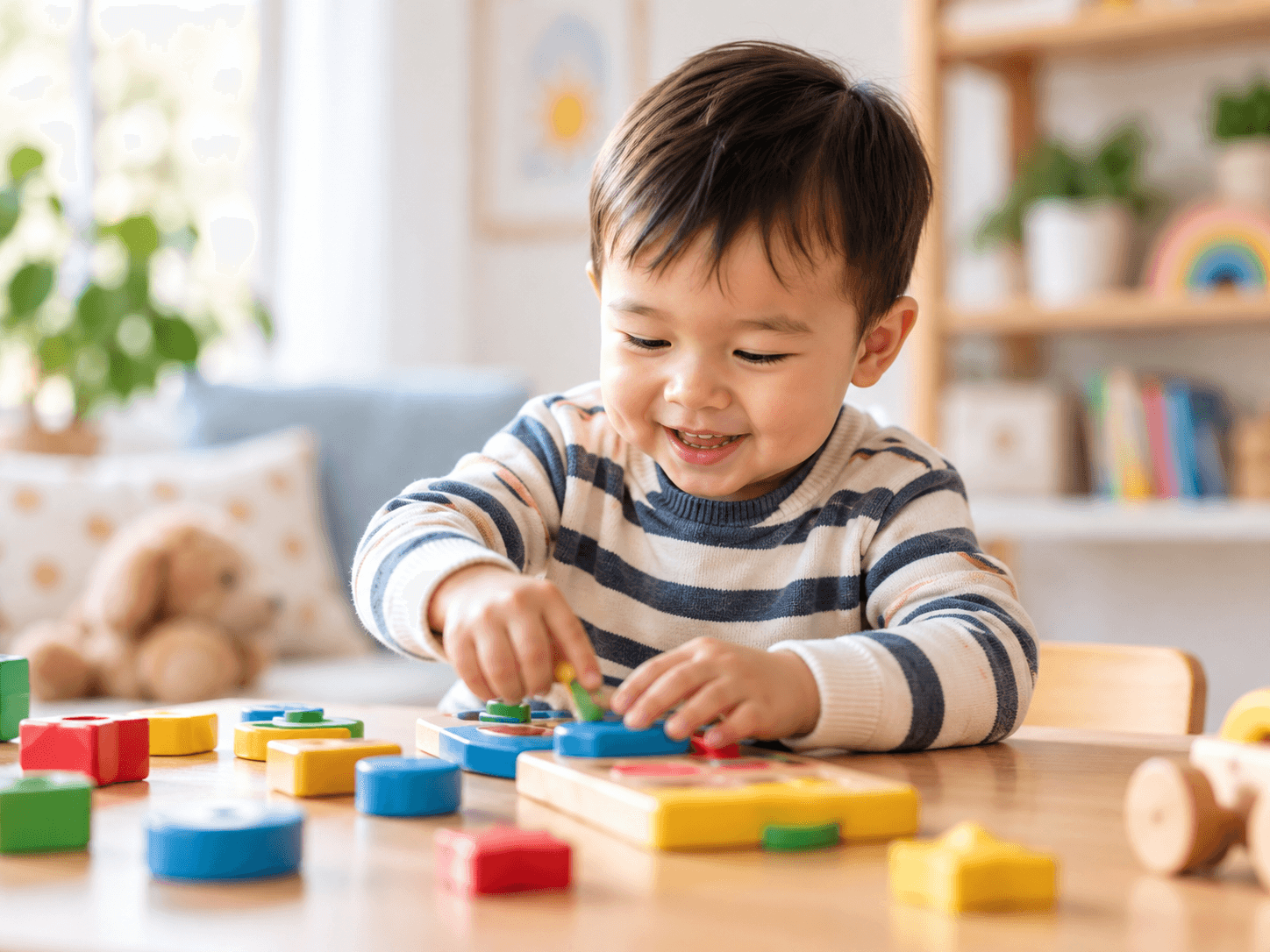 A toddler smiling while playing with colorful wooden shape-sorting blocks at a table