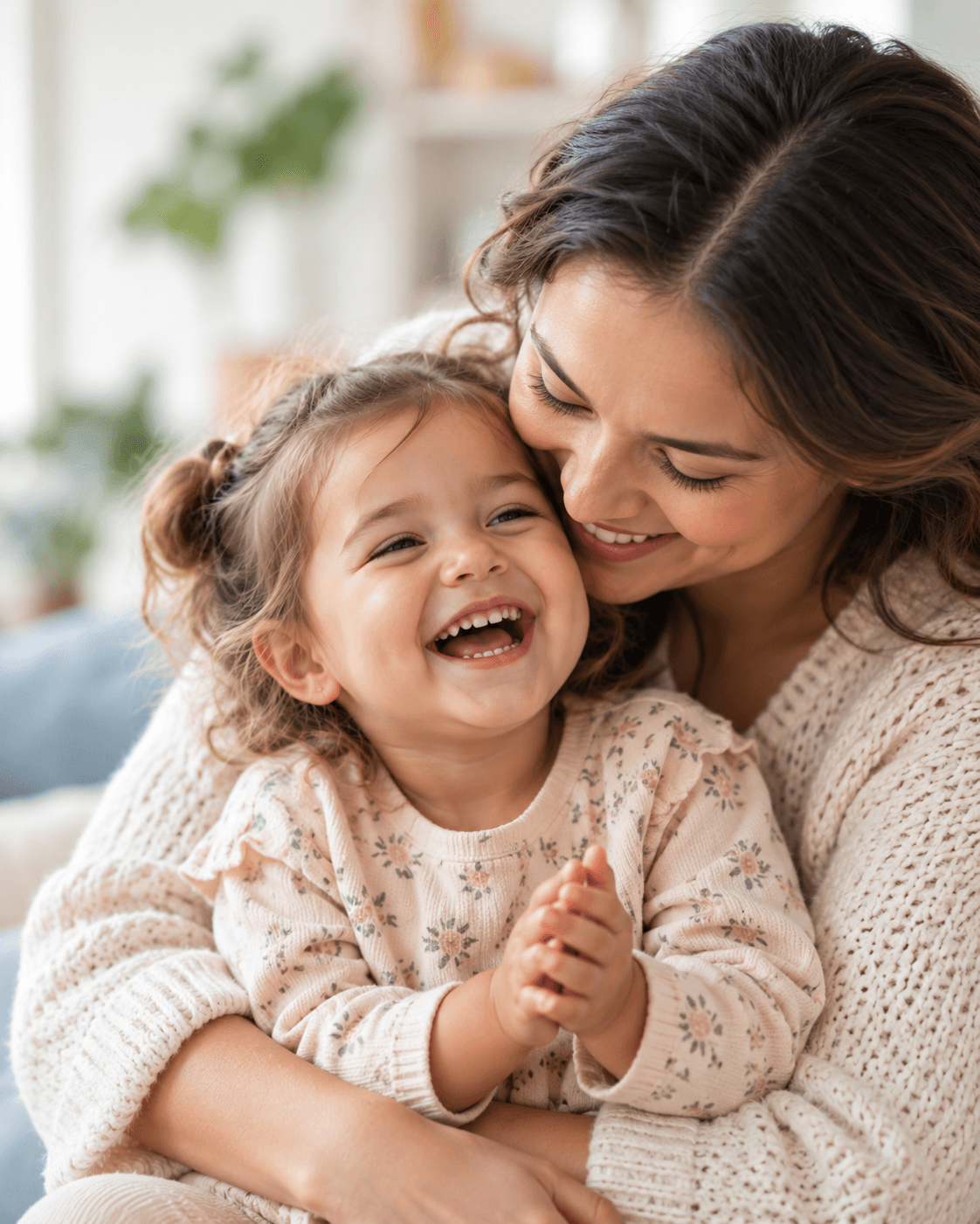 A mother and her young daughter laughing together, cheek to cheek