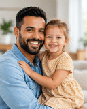 A father and his young daughter smiling cheek to cheek