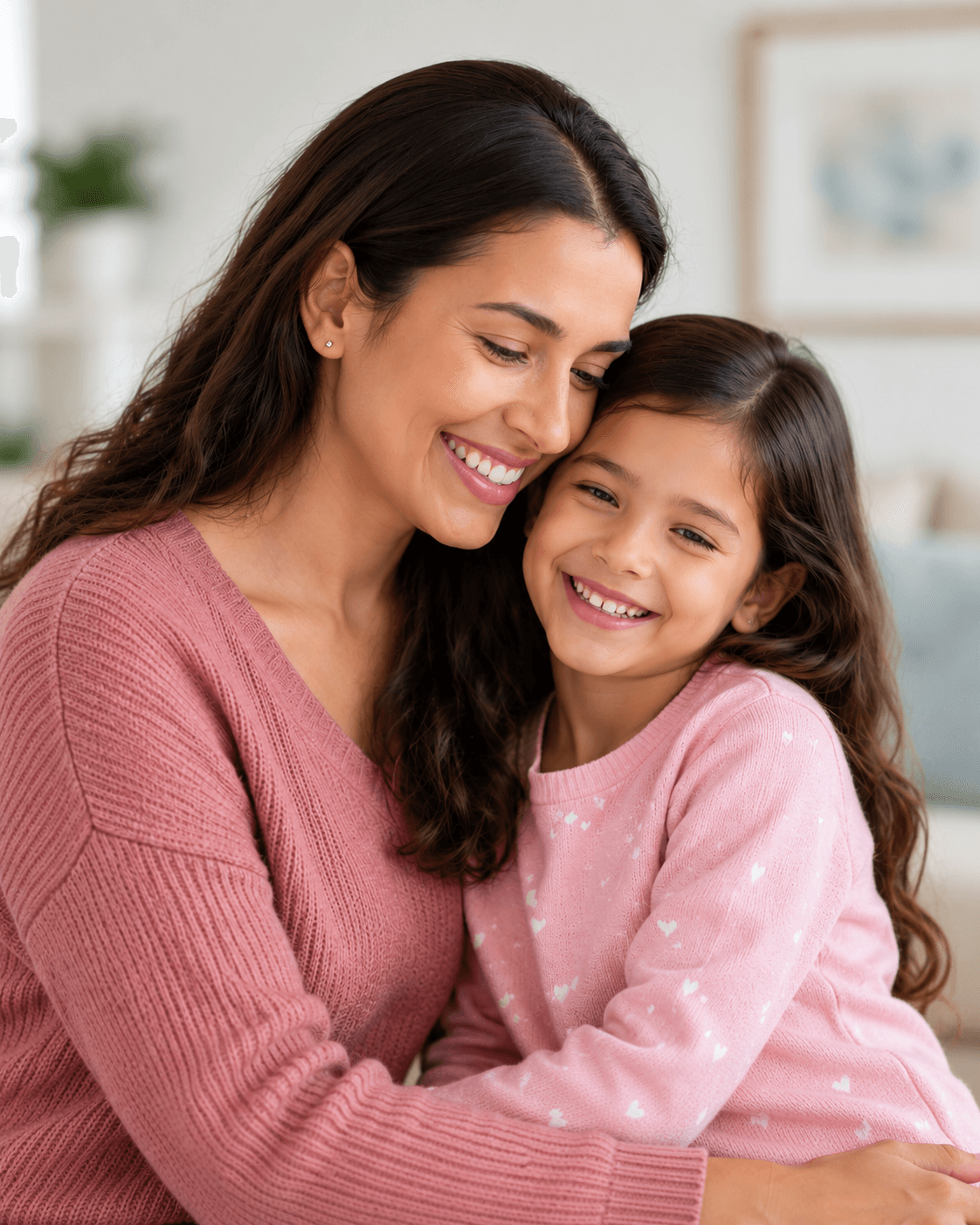 A mother and her young daughter smiling cheek to cheek, both in pink sweaters
